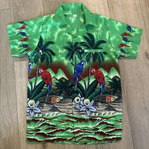 V.H.O Men's Green Hawaiian Shirt Button Up Silky Feel Parrots Vibrant Colors Sm